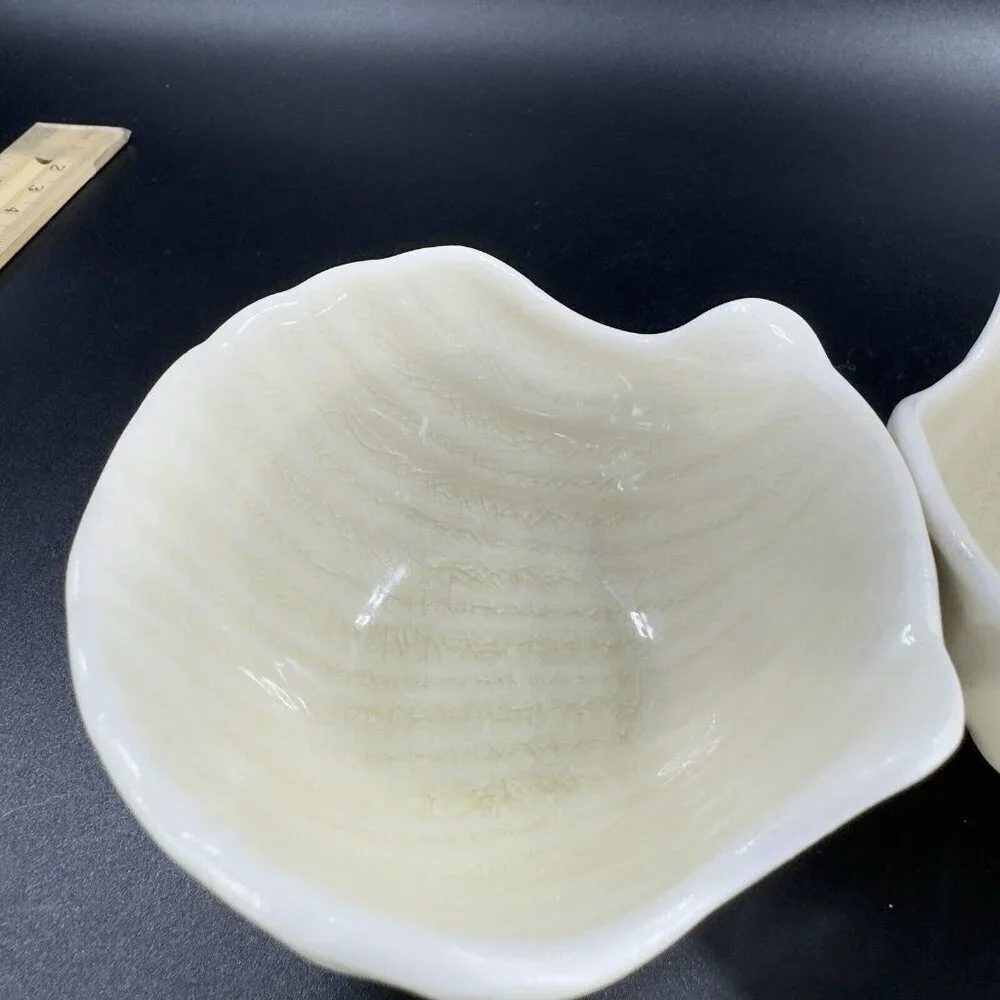 Pier 1 Imports Ivory Crackle Glaze Ceramic Shell Shape Dish Small Bowl Set 2 VTG